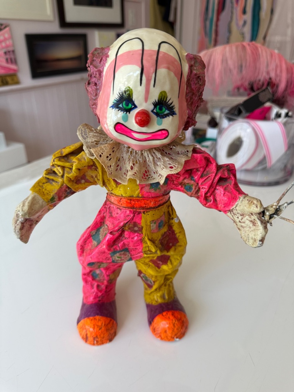 Vintage Mexican Folk Art Clown figurine from Papier Mache pink yellow ballons
